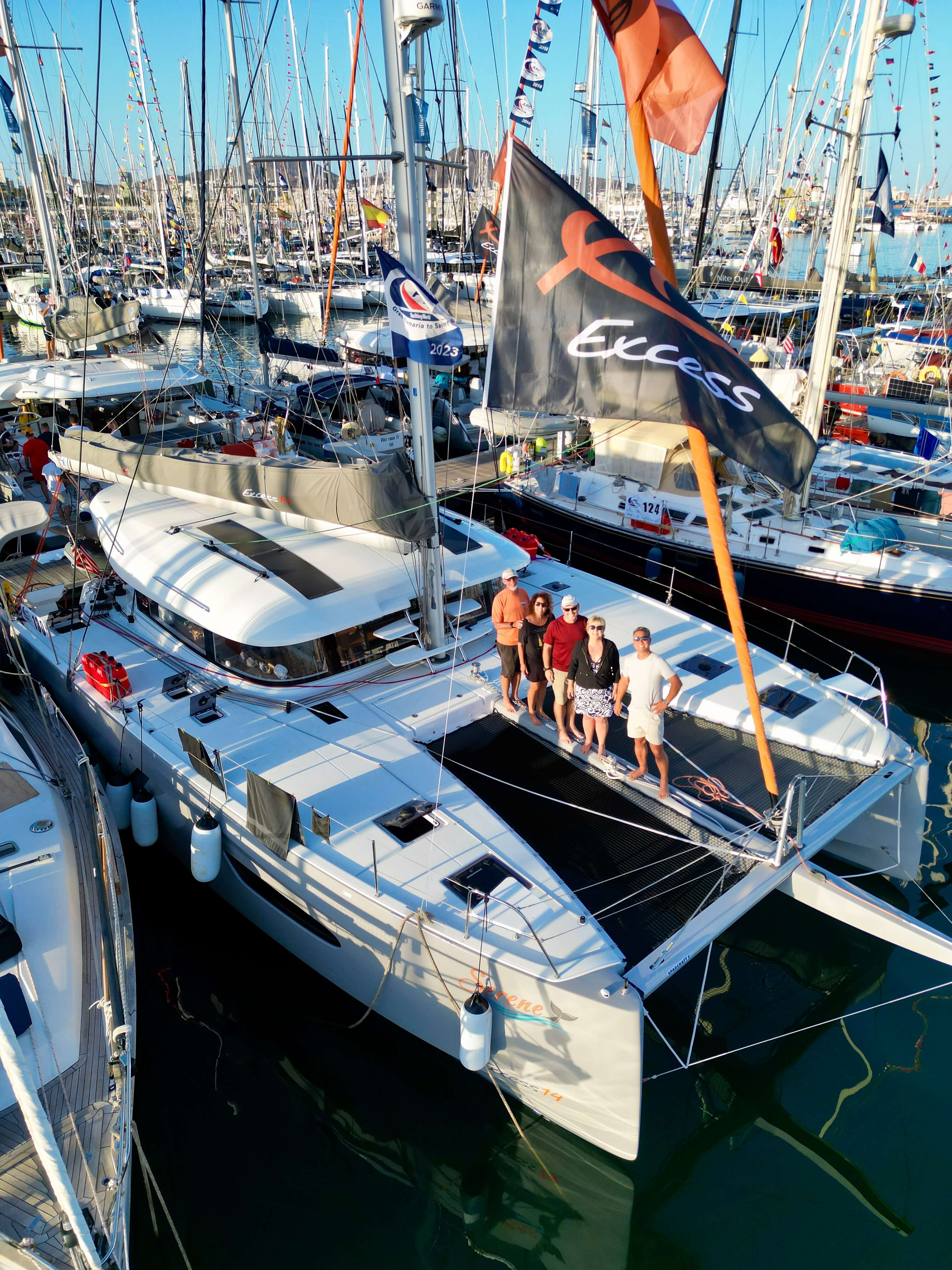 Excess catamaran cruising off Southern California coastline