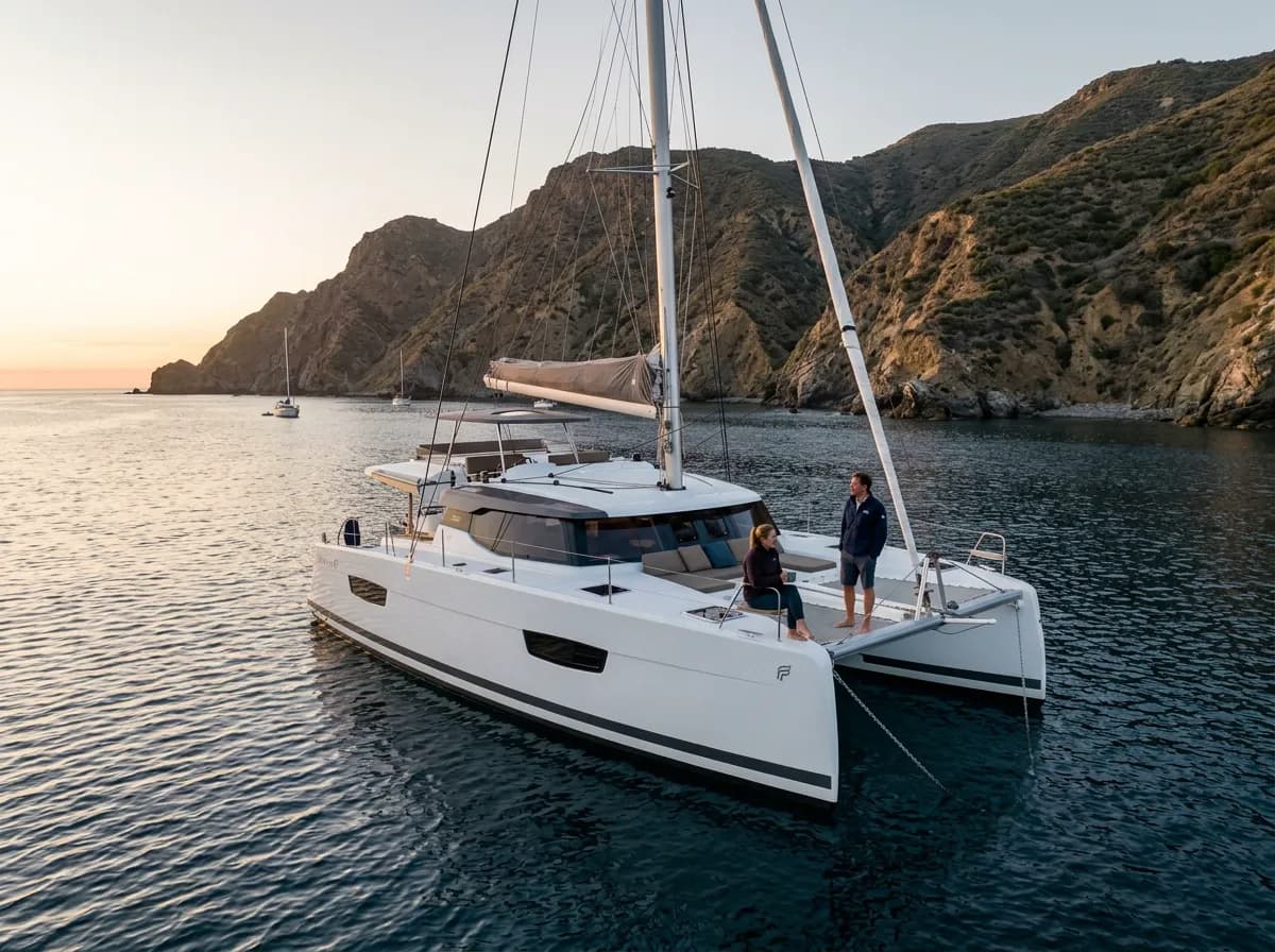 Catamaran anchored near a rugged Southern California island shoreline