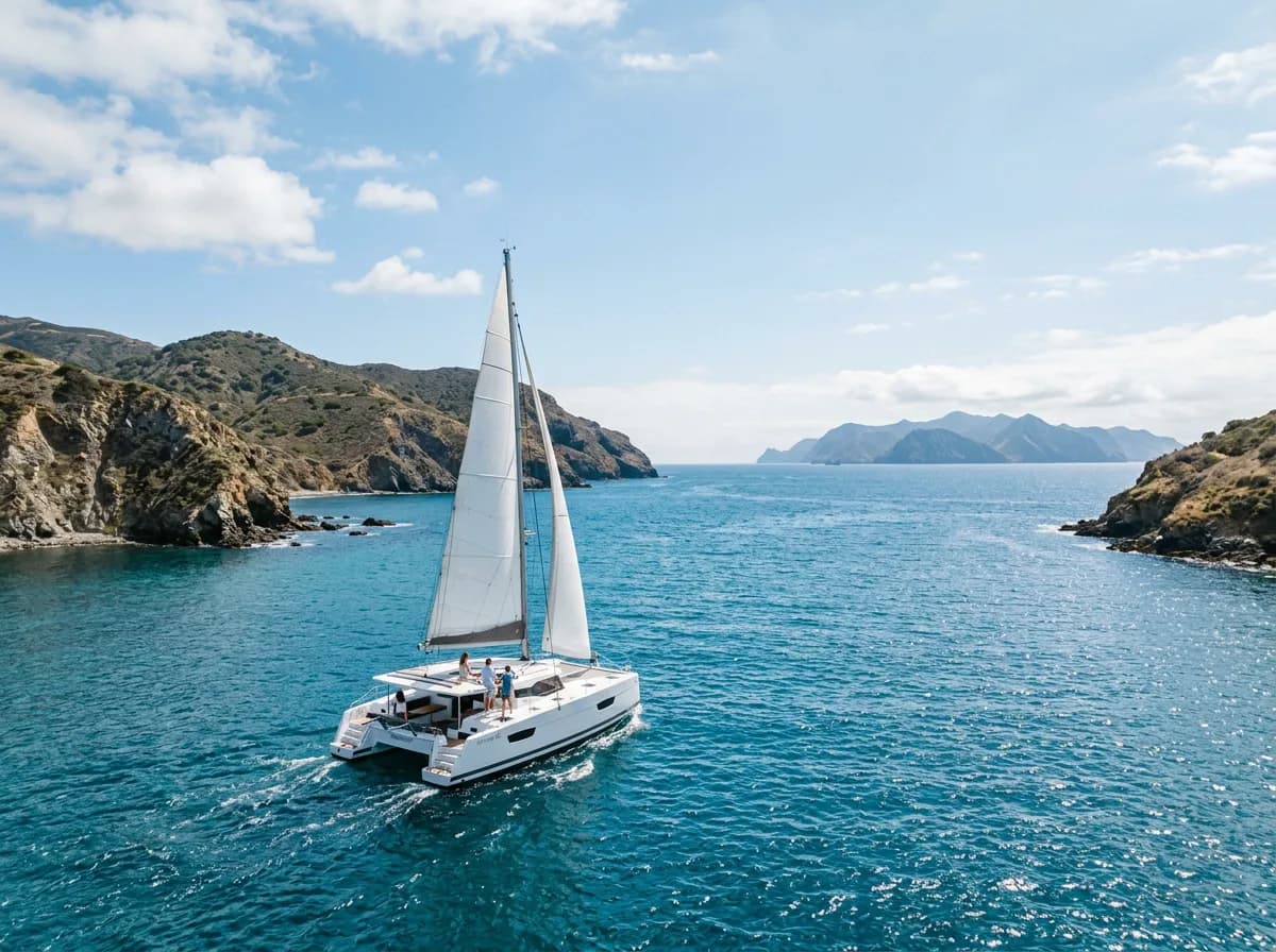 Catamaran underway between Catalina and the Channel Islands