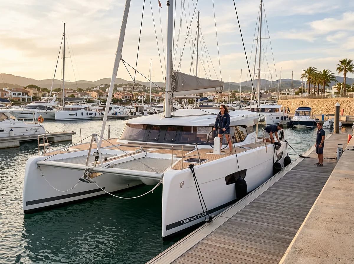 Catamaran docking carefully in windy marina conditions