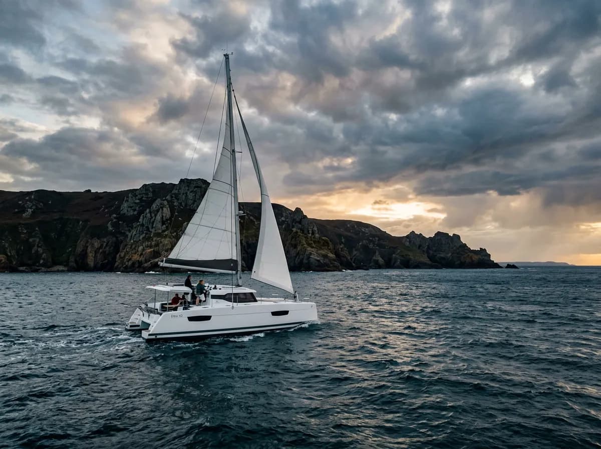 Catamaran waiting offshore under shifting Channel Islands weather