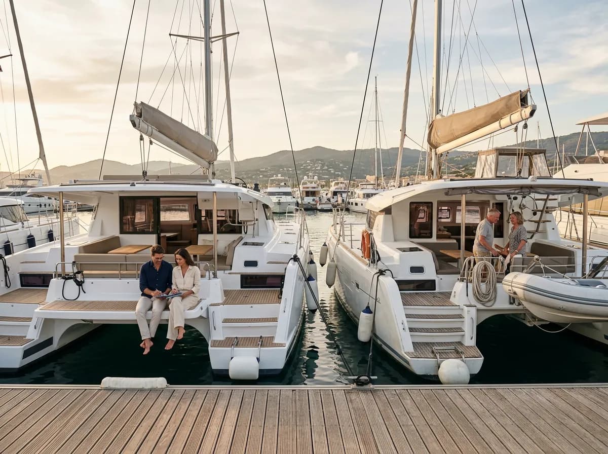 Two catamarans in a marina representing new versus pre-owned choices
