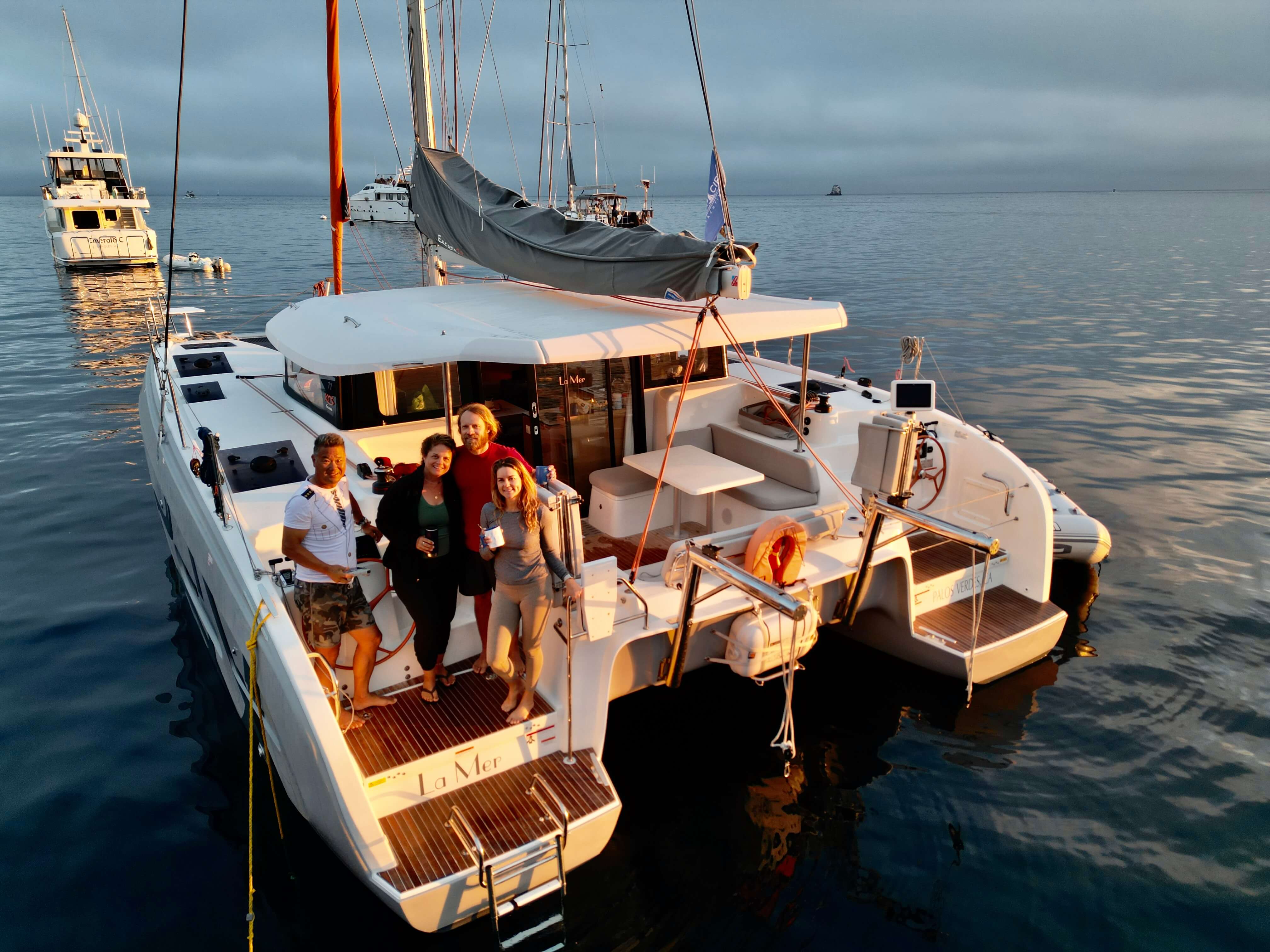 Excess Catamaran sailing toward Catalina Island